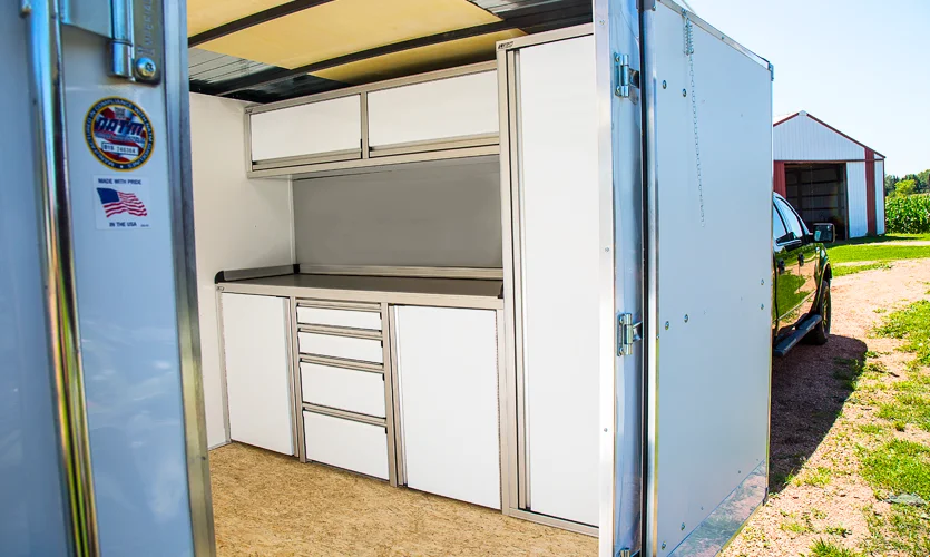 Enclosed Trailer With Door Open Showing Econo4 Cabinets