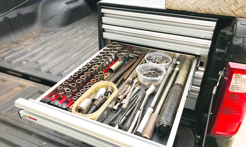 Grey Custom Drawer Insert Mounted in a Truck Bed
