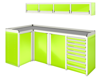 green custom aluminum ctech manufacturing w1019 configurable cabinet package for garage or trailer corner with latching drawer and door equipped workbench plus overhead