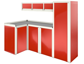 red custom aluminum ctech manufacturing w1021 configurable cabinet package with corner workbench and deep closet with matching overhead storage